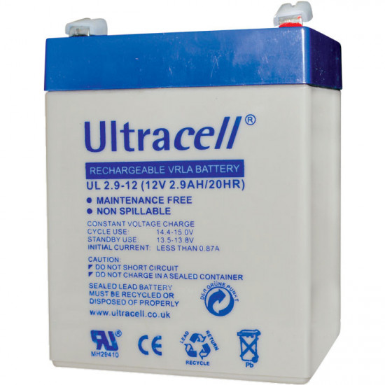 ULTRACELL 12V 2.9AH Μπαταρία μολύβδου 12V 2.9Ah    Διαστάσεις:   - Μήκος: 79mm  - Πλάτος: 59mm  - Ύψος: 99mm  - Τύπος Terminal: F1 - ULTRACELL
