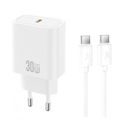 XO CE41 WITH TYPE-C CABLE Universal φορτιστής USB-C, PD30W κι αποσπώμενο καλώδιο USB type-C σε USB type-C σε λευκό χρώμα - XO