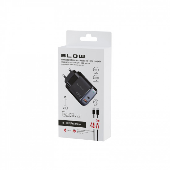 Φορτιστής 45W USB + USB-C PD GaN με καλώδιο BLOW