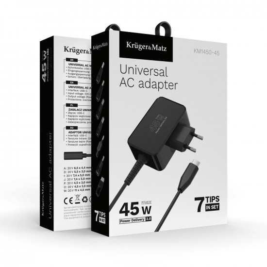 Universal φορτιστής laptop USB-C 45W για Dell/HP/Lenovo/Sony/Samsung με αποσπώμενο καλώδio Kruger&Matz
