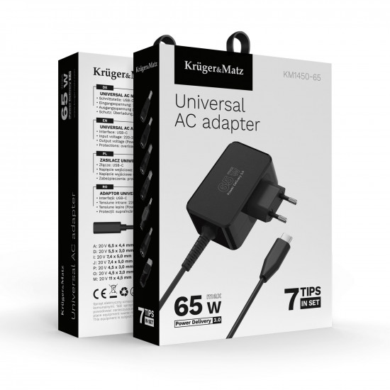Universal φορτιστής laptop USB-C 65W για Dell/HP/Lenovo/Sony/Samsung με αποσπώμενο καλώδio Kruger&Matz