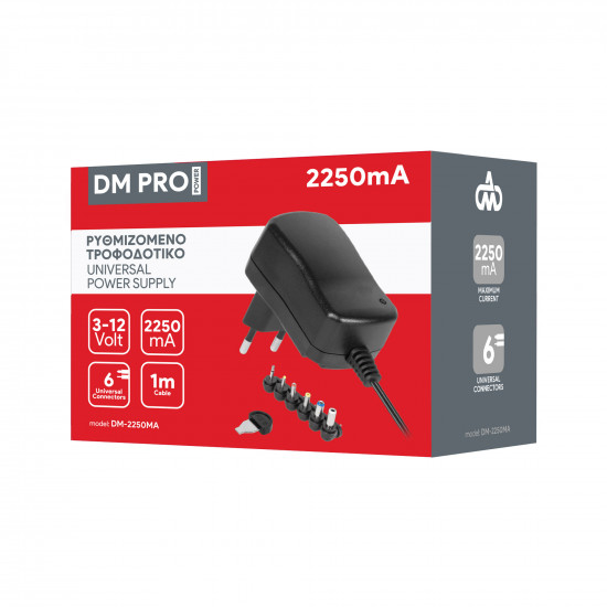 Ρυθμιζόμενο Universal Τροφοδοτικό 3-12V 2250mA 27W με σετ βυσμάτων DM PRO Power