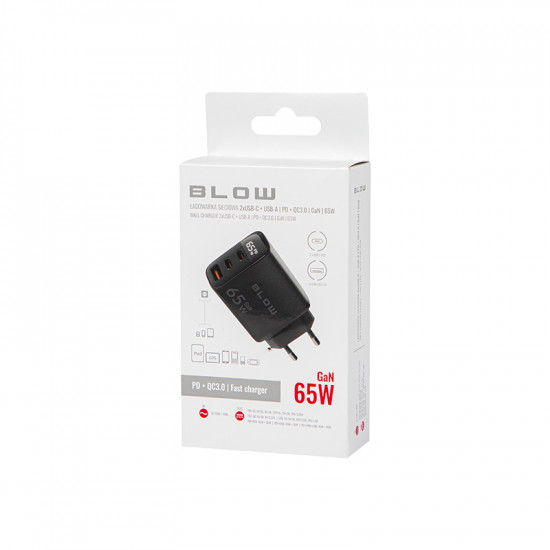 Φορτιστής LCD με USB + 2x USB-C PD 65W GAN BLOW μαύρος