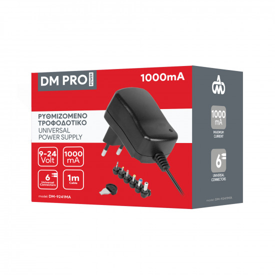 Ρυθμιζόμενο Universal Τροφοδοτικό 9-24V 1000mA 24W με σετ βυσμάτων DM PRO