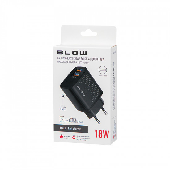 Φορτιστής με υποδοχή USBx2 QC 3.0 18W BLOW μαύρο