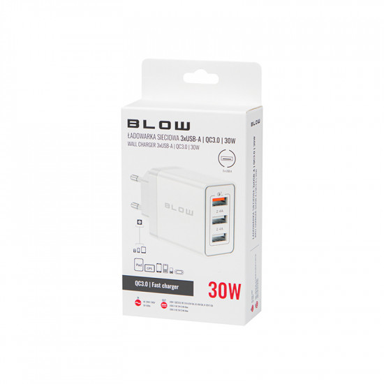Φορτιστής με υποδοχή USBx2 + USB QC 30W BLOW λευκό
