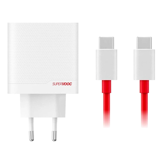 OnePlus 80W Dual Ports SUPERVOOC Adapter Type-C + Type-A with USB-C Cable - White