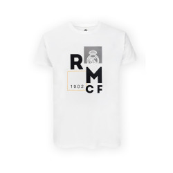 Real Madrid CF Official T-Shirt – White Minimalist 'RMCF' Block Print – Size M (RM1CE110)