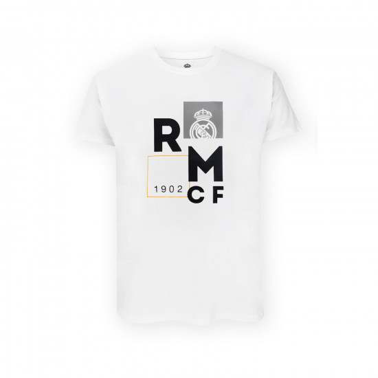 Real Madrid CF Official T-Shirt – White Minimalist 'RMCF' Block Print – Size M (RM1CE110)