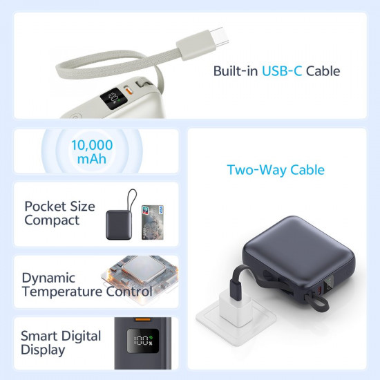 QCY PB10C Grey 10000mAh 35W PD fast charge power bank - Digital Display, Fireproof ABS+PC