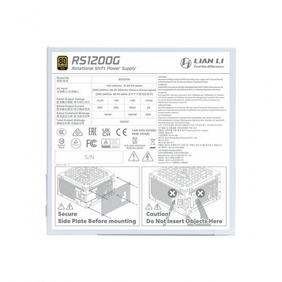 Lian Li RS1200G White - 1200 Watt 80+ Gold PSU - 12V-2x6 Colored Cable - RS Hub - Fully Modular