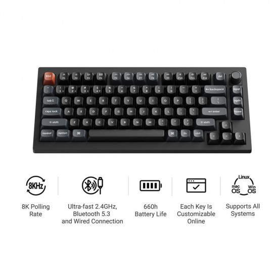 Keychron V1 Ultra (V1U-D3) QMK/VIA 8K Wireless Custom Mechanical Keyboard Brown Switch RGB 75% US