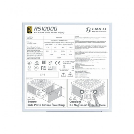Lian Li RS1000G White - 1000 Watt 80+ Gold PSU - 12V-2x6 Colored Cable - Fully Modular