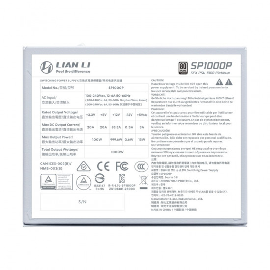 LIAN LI SP1000P White - 1000W 80+ Platinum PSU - 10 Years Warranty - 12V-2x6 - Japanese Capacitors