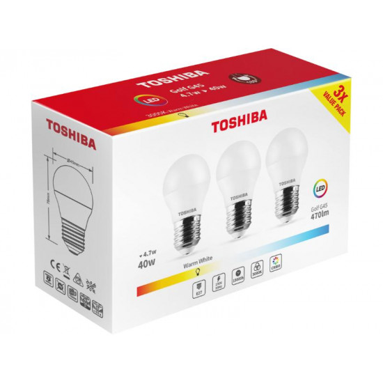 TOSHIBA LED 3PACK G45 E27 4.7W 3000K DELS-GF344P727AE23