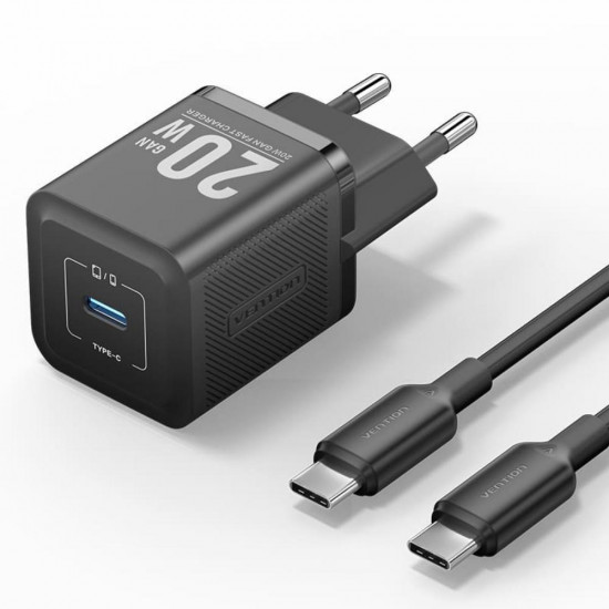 VENTION 1-Port USB-C GaN Charger (20W) with USB-C to Lightning Cable (1M) EU-Plug Black (TZ-FEPB0-EU-02) (VENTZ-FEPB0-EU-02)