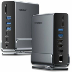 VENTION USB-C to DP/HDMI x 2/USB 3.2 Gen 2 Type-C/USB 3.2 Gen 2 Type-A x 2/USB 3.2 Gen 1 Type-C/USB 3.0/USB 2.0 x 2/RJ45/SD/TF/3.5mm TRRS/PD MST Docking Station Gray Vertical Aluminum Alloy Type (TPUH0) (VENTPUH0)