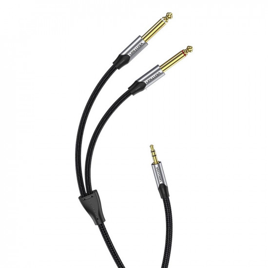 VENTION Cotton Braided TRS 3.5mm Male to 2*6.5mm Male Audio Cable 1.5M Gray Aluminum Alloy Type (BARHG) (VENBARHG)