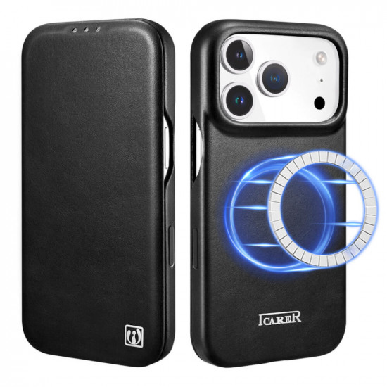 iCarer KJIP17250701 iPhone 17 Pro Curved Edge Leather MAGSAFE Black