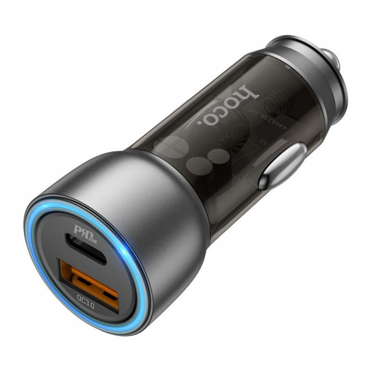 HOCO NZ8 ΦΟΡΤΙΣΤΗΣ ΑΥΤΟΚΙΝΗΤΟΥ, SPRINTER PD25W+QC3.0, ΚΑΛΩΔΙΟ LIGHTNING, 2 ΘΥΡΕΣ ΔΙΑΦΑΝΟ ΚΑΦΕ