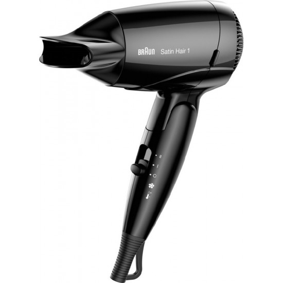 Πιστολάκι Μαλλιών Ταξιδίου Braun BRHD130 Satin Hair 1 Style & Go 1200W με 2 Επίπεδα Θέρμανσης και Ιονική Λειτουργία Μαύρο 46758