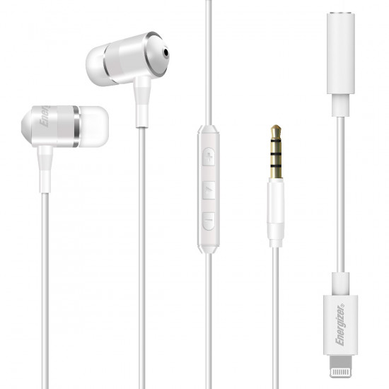 Hands Free Energizer UIL35WH Metal Stereo 3.5mm  με Αντάπτορα Lightning Apple Certified MFi σε 3.5mm και Πλήκτρα Λειτουργίας 1.2m Λευκό 35832