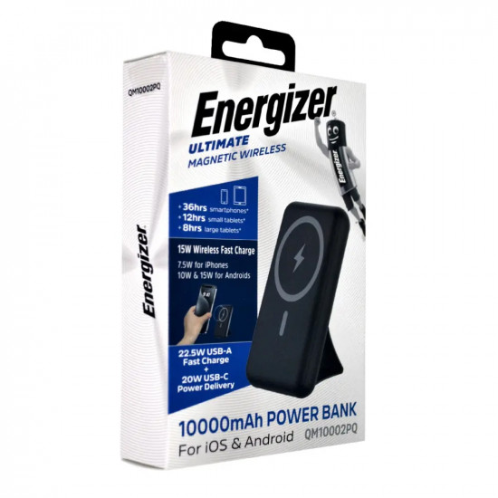 Power Bank Energizer QM10002PQ 10000mAh 22.5W Fast Charge με 1xUSB-C 1xUSB-A Ασύρματη Φόρτιση 15W και LED Ένδειξη Μπαταρίας Μαύρο 49843