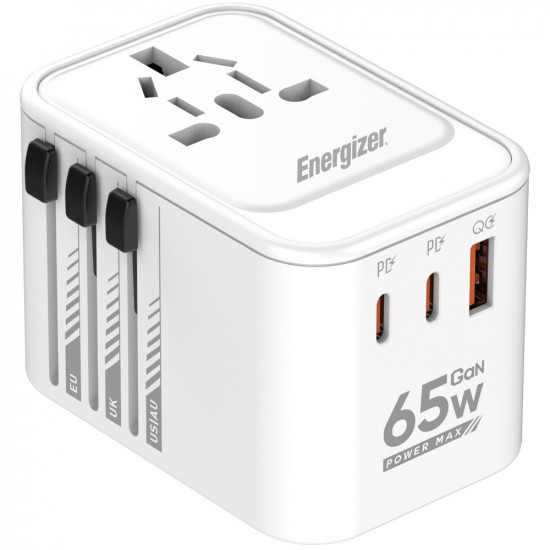 Παγκόσμιος Φορτιστής Ταξιδίου Energizer ETC650 US/AU UK EU με 1xUSB-A QC 30W και 2xUSB-C PD65W GaN Λευκός 49859