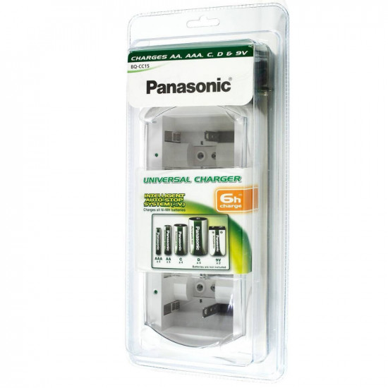Φορτιστής Μπαταριών Panasonic BQ-CC15 Universal 4 Θέσεων και Αυτόματη Αναγνώριση Πλήρους Φόρτισης. Γρήγορη Φόρτιση 6 Ωρών Συμβατός με Μπαταρίες AA/AAA/C/D/9V 47835