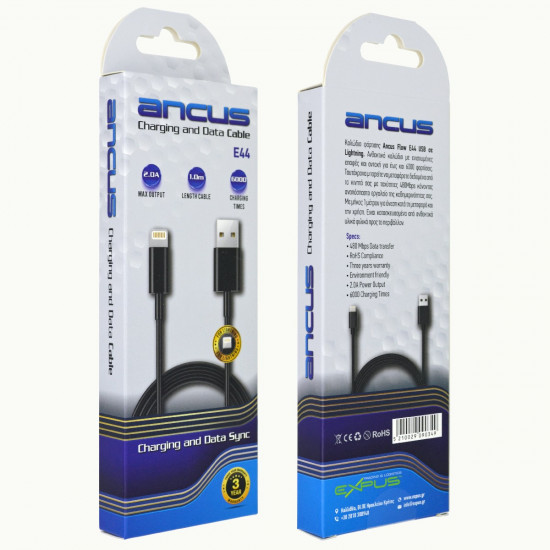 Καλώδιο Σύνδεσης και Φόρτισης Ancus Flow E44 USB σε Lightning 2.0A Data Transfer 480Mbp Μαύρο 1m 34228