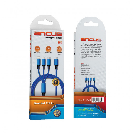 Καλώδιο Φόρτισης Ancus Flow Plus E54 USB-C 3 σε 1 Micro-USB, USB-C, Lightning 3.0A με Braided Καλώδιο Μπλε 1m. Με 5 Χρονια Εγγύηση 35695