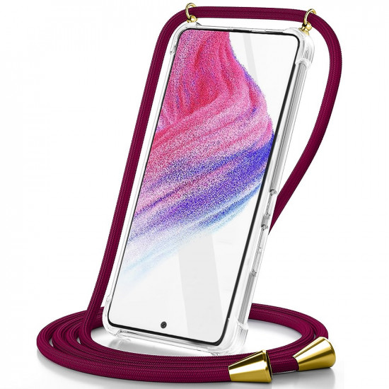 Θήκη Ancus Crossbody για Apple iPhone 16 Plus Διάφανη με Κορδόνι Μπορντώ 45512