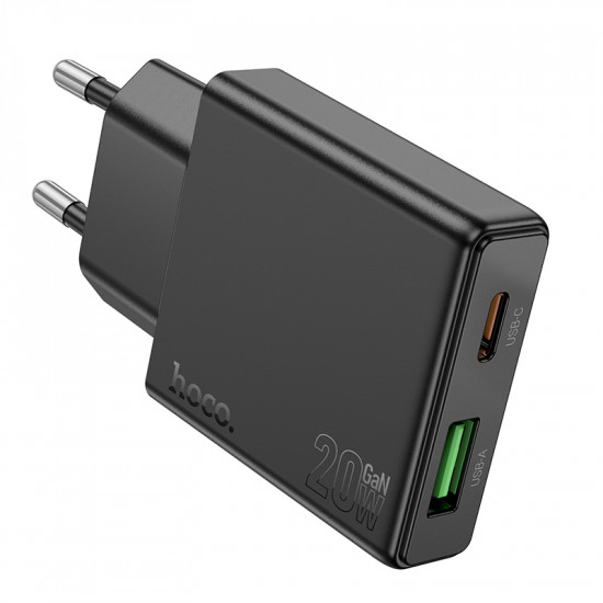 Φορτιστής Ταξιδίου Hoco N38 Delgado Ultra Thin με 2 Εξόδους Φόρτισης 1xUSB-C PD20W και USB-A QC3.0A Μαύρος 45807