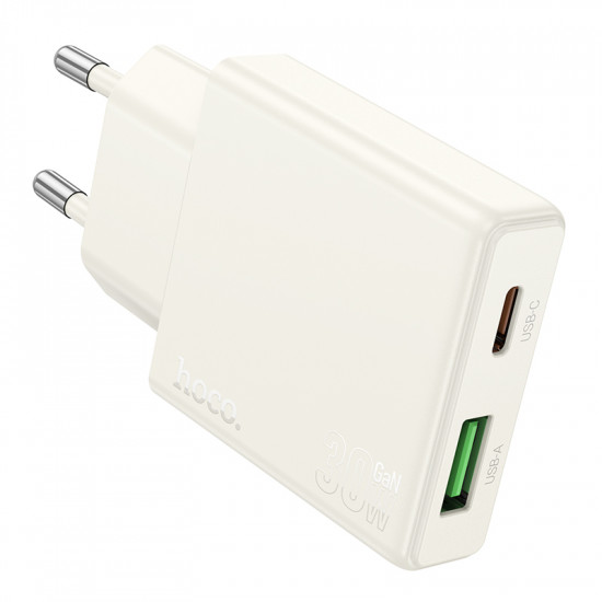 Φορτιστής Ταξιδίου Hoco N45 Biscuit Ultra Thin με 2 Εξόδους Φόρτισης USB-C PD30W και USB 18W QC3.0 Slim Moonlight White 45133