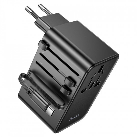 Φορτιστής Ταξιδίου Hoco AC18 Universal Converter US EU AU UK με 2xUSB 1xUSB-C και Ενσωματομένο Καλώδιο USB-C PD35W QC3.0 Μαύρο 45184