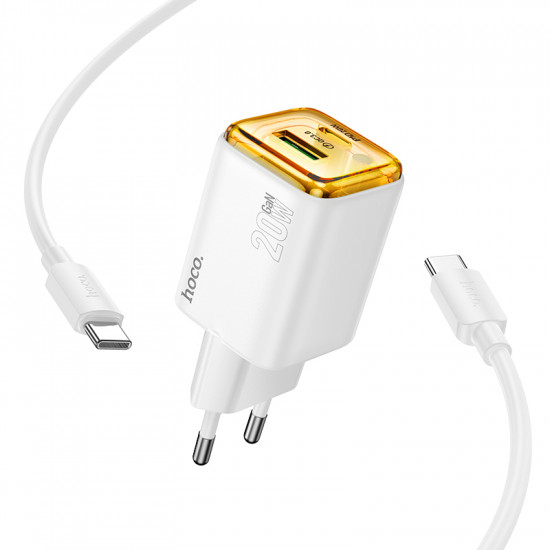 Φορτιστής Ταξιδίου Small Size Hoco N52 Monsoon PD20W QC3.0A GaN με 2 Εξόδους Φόρτισης 1xUSB και 1xUSB-C Λευκός + Καλώδιο σύνδεσης Type C to Type C 1m 45674