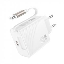 Φορτιστής Ταξιδίου Hoco N58  PD30W GaN με 1xUSB-C Θύρα και Αναδιπλούμενο Καλώδιο USB-C 65cm Λευκός 45736