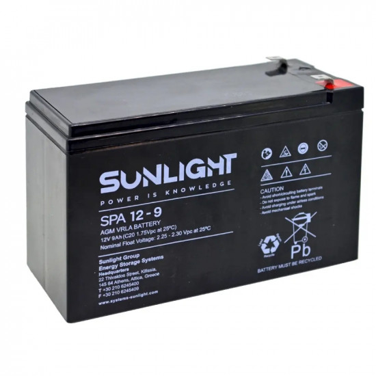 Μπαταρία Sunlight VRLA AGM (12V 9Ah) 2.6kg 93mm x 65mm x 150mm 52570