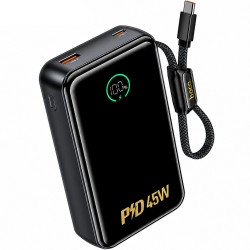 Power Bank Hoco Q54 Shine 20000mAh PD45W QC3.0 1xUSB-C 1xUSB-A με Ενσωματωμένο Καλώδιο USB-C και LED Ένδειξη Μαύρο 52341