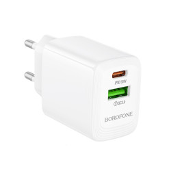 Φορτιστής Ταξιδίου Borofone BN29 Fuente GaN με 1xUSB-C PD30W και 1xUSB-A QC3.0A Λευκός 47738