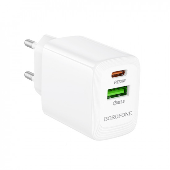 Φορτιστής Ταξιδίου Borofone BN29 Fuente GaN με 1xUSB-C PD30W και 1xUSB-A QC3.0A Λευκός 47738