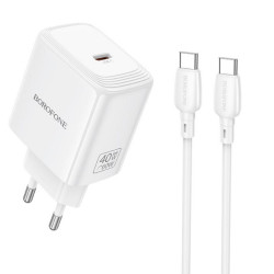 Φορτιστής Ταξιδίου Borofone BN33 Fuente GaN USB-C PD40W + Καλώδιο Φόρτισης USB-C σε USB-C Λευκός 52233