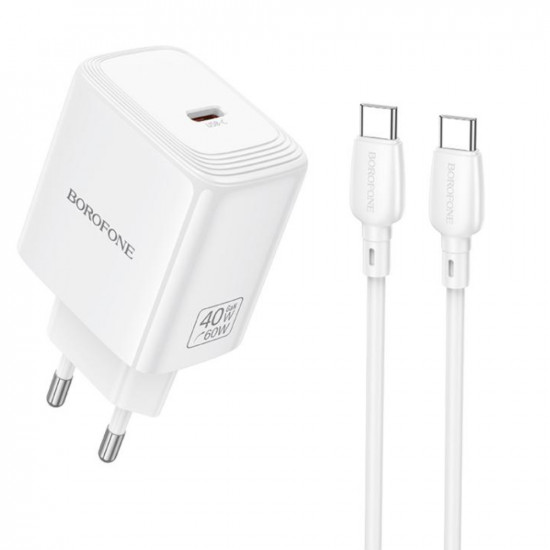 Φορτιστής Ταξιδίου Borofone BN33 Fuente GaN USB-C PD40W + Καλώδιο Φόρτισης USB-C σε USB-C Λευκός 52233