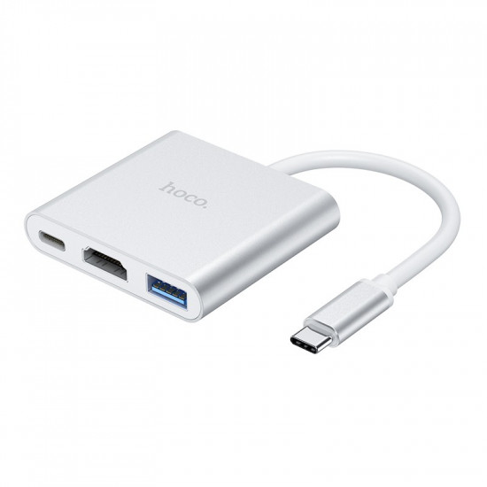 Hub Hoco HB14 Easy use USB-C με 3 Θύρες USB 3.0, USB-C PD, HDMI Ασημί 15cm 28476
