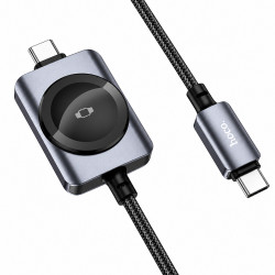 Καλώδιο Σύνδεσης 2 σε 1 Hoco CW66 USB-C σε USB-C PD100W 3A Γρήγορης Φόρτισης με Ασύρματο Φορτιστή Apple Watch 2.5W Braided Μαύρο 1.2m 52287