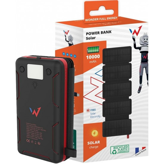 Ηλιακό Power Bank Wonder WX10S 10000mAh 5V/2A 7.5W με 5 Ηλιακά Πάνελ, 2 x USB-A και 1 x USB-C Έξοδο και Φακό Μαύρο 46330