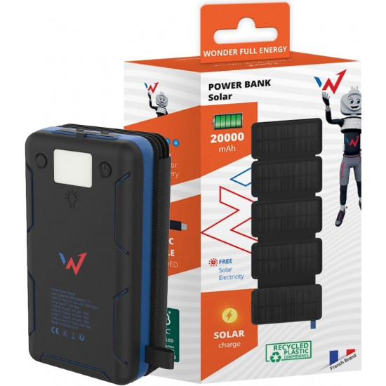Ηλιακό Power Bank Wonder WX20S 20000mAh 5V/2A 7.5W με 5 Ηλιακά Πάνελ, 2 x USB-A και 1 x USB-C Έξοδο και Φακό Μαύρο 46331