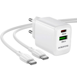 Φορτιστής Ταξιδίου Borofone BN27 Fuente GaN με 1xUSB-C PD20W 1xUSB-A QC3.0A και Καλώδιο USB-C σε USB-C Λευκός 52885