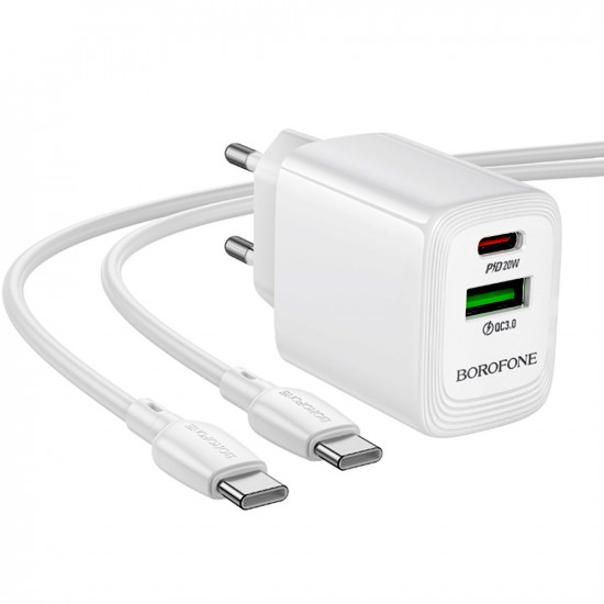 Φορτιστής Ταξιδίου Borofone BN27 Fuente GaN με 1xUSB-C PD20W 1xUSB-A QC3.0A και Καλώδιο USB-C σε USB-C Λευκός 52885