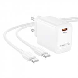 Φορτιστής Ταξιδίου Borofone BN28 Fuente GaN USB-C PD30W Mini Size + Καλώδιο Φόρτισης USB-C σε USB-C Λευκός 46176
